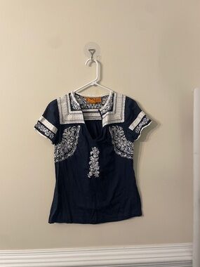 Tory Burch Embroidered Navy Short-Sleeve Women's Top